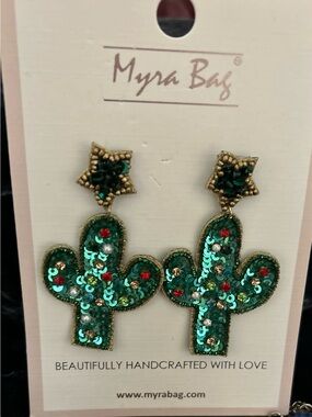 Myra Bag Green Sequin Cactus Drop Earrings with Gold Accents